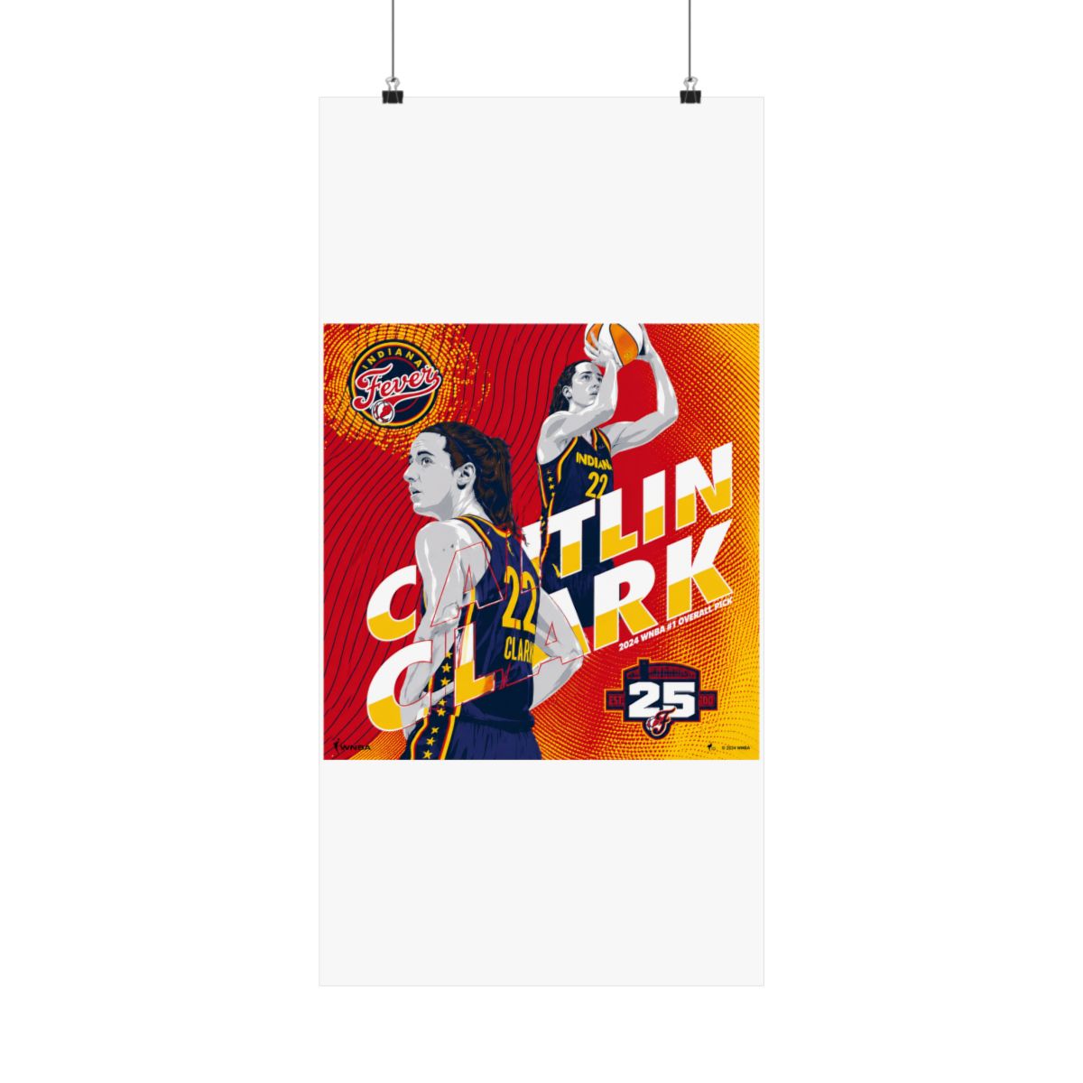 A basketball poster featuring a female basketball player wearing a blue and yellow jersey with the number 22 and the text "Caitlin Clark" and "Indiana Fever" in a red, yellow, and white colour scheme... — official Caitlin Clark Posters & Wall Art