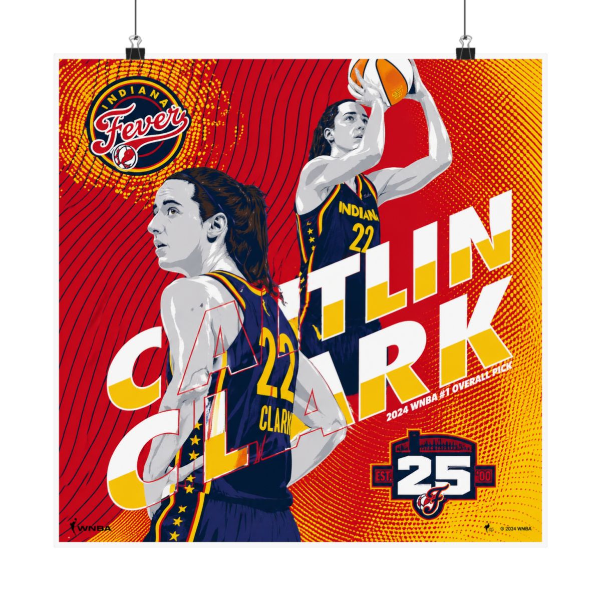 A basketball poster featuring a female basketball player wearing a blue and yellow jersey with the number 22 and the text "Caitlin Clark" and "Indiana Fever" in a red, yellow, and white colour scheme... - alternate angle 2, merchandise