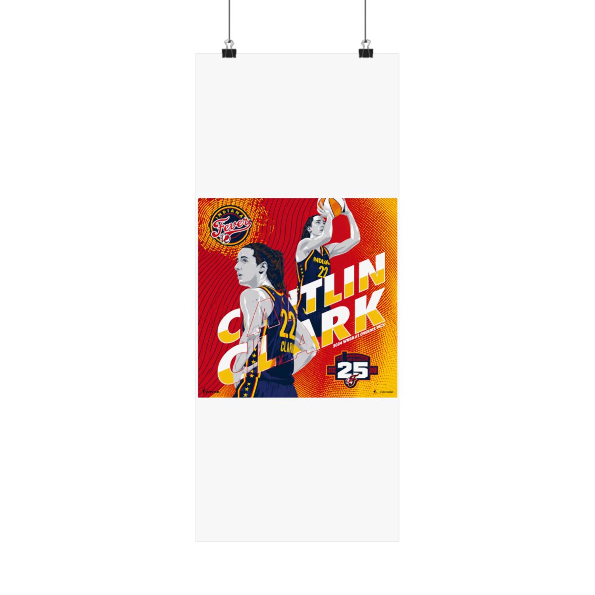 A basketball poster featuring a female basketball player wearing a blue and yellow jersey with the number 22 and the text "Caitlin Clark" and "Indiana Fever" in a red, yellow, and white colour scheme... - alternate angle 1, merchandise