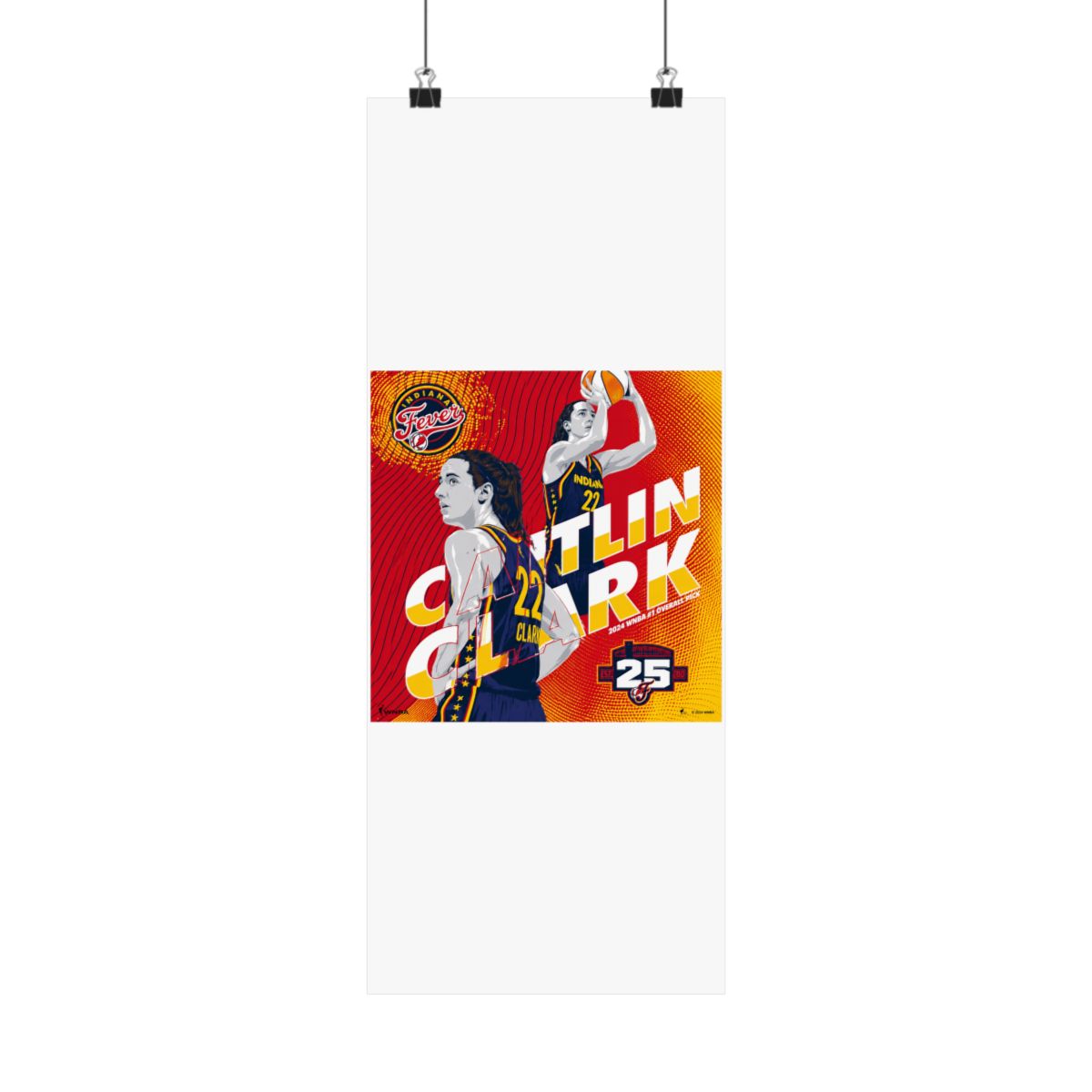 A basketball poster featuring a female basketball player wearing a blue and yellow jersey with the number 22 and the text "Caitlin Clark" and "Indiana Fever" in a red, yellow, and white colour scheme... - alternate angle 5, merchandise