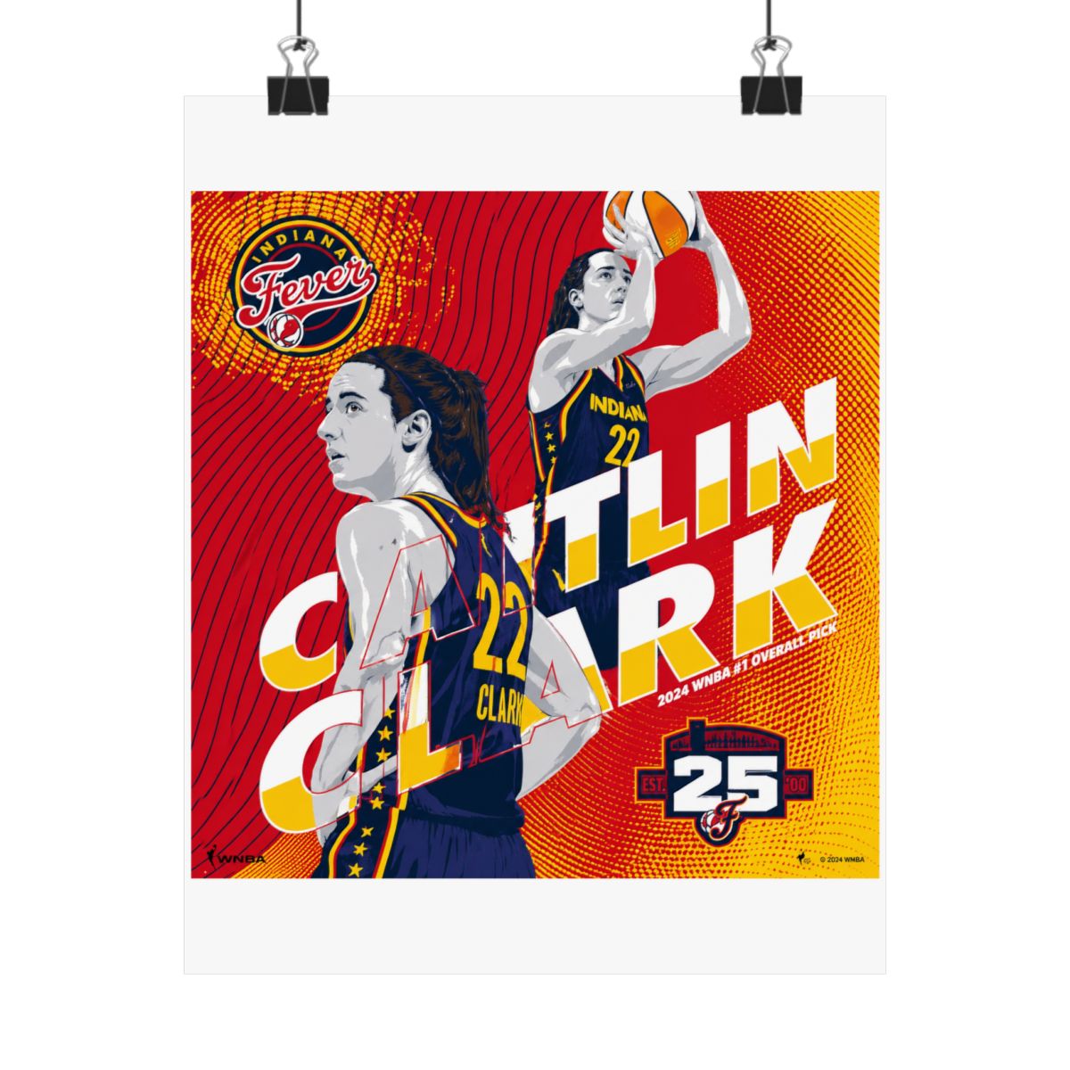 A basketball poster featuring a female basketball player wearing a blue and yellow jersey with the number 22 and the text "Caitlin Clark" and "Indiana Fever" in a red, yellow, and white colour scheme... - alternate angle 3, merchandise
