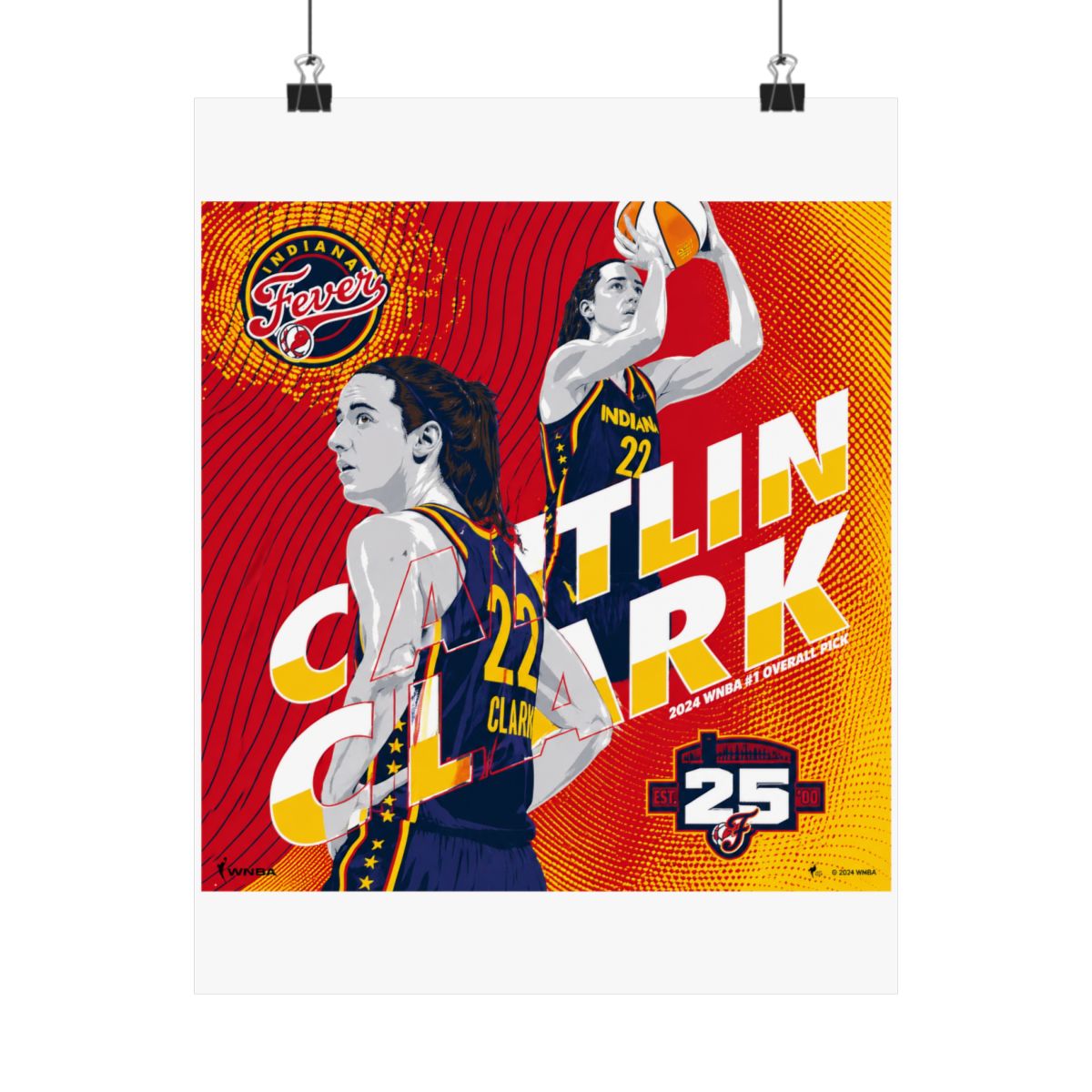 A basketball poster featuring a female basketball player wearing a blue and yellow jersey with the number 22 and the text "Caitlin Clark" and "Indiana Fever" in a red, yellow, and white colour scheme... - alternate angle 3, merchandise